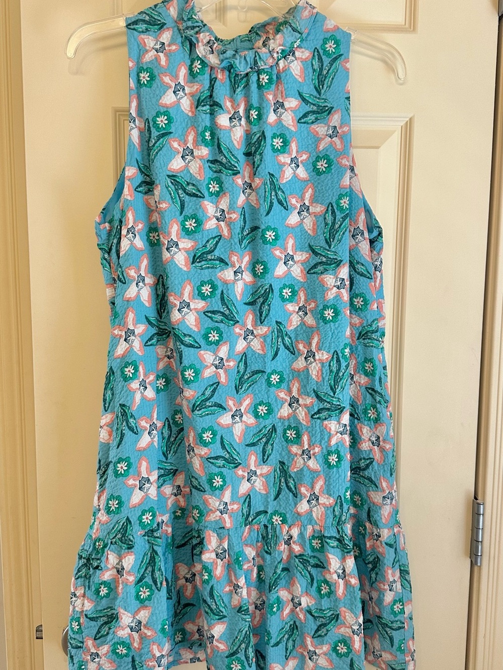 THML Aqua Floral Ruffle-Neck Sleeveless Dress